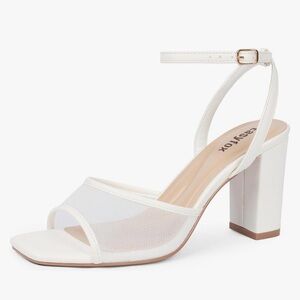 White Mesh Block Heel with Ankle Strap and square toe